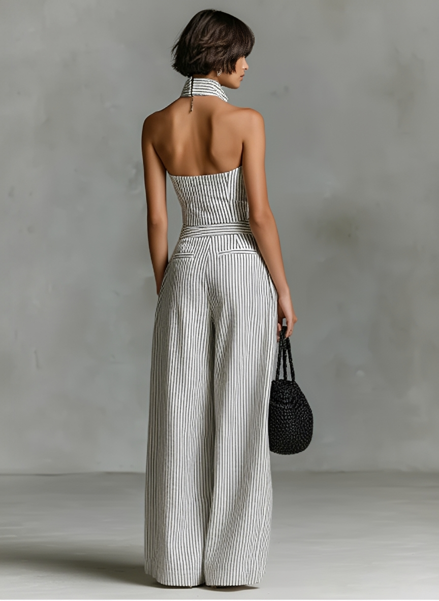 Striped Linen Single-Breasted Sleeveless Jumpsuit
