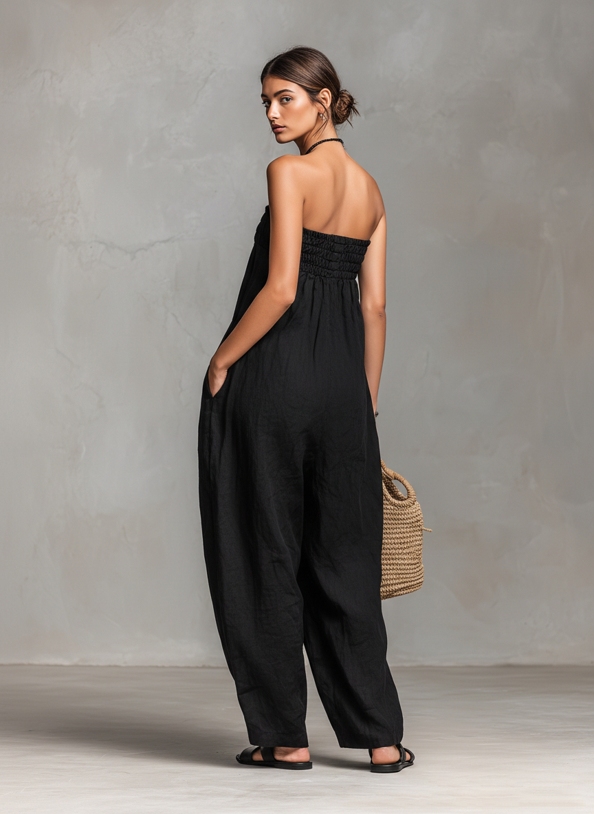 Linen Strapless Tie-Waist Jumpsuit