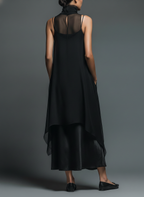 Women's Minimalist Imitation Acetate Slip Dress Paired With A Chiffon Overlay Maxi Dress MDZ2702A3Y