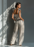 Striped Linen Square Neck Tie-Strap Jumpsuit