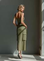 Olive Linen Cargo Belted Midi Dress