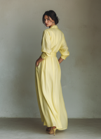 Women's Lemon Yellow Cotton And Linen Blend Maxi Shirt Dress With Tie Waist & Half Sleeves MDZ2884A4T