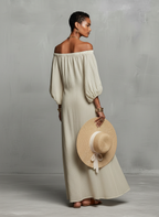 Women's Minimalist Off-the-shoulder Three-quarter Sleeve Embroidered Maxi Dress MDZ3063A3Y