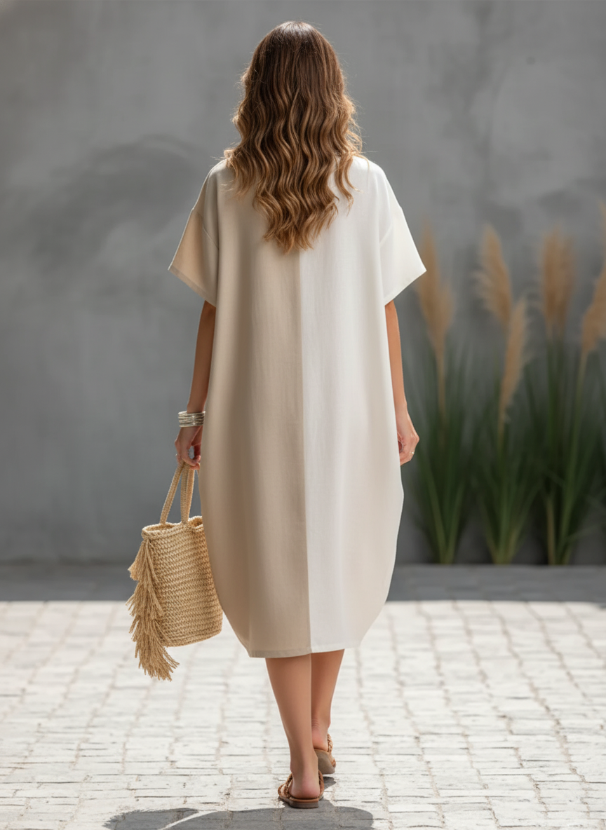 White & Khaki Color-Block Cotton Midi Dress