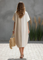 White & Khaki Color-Block Cotton Midi Dress