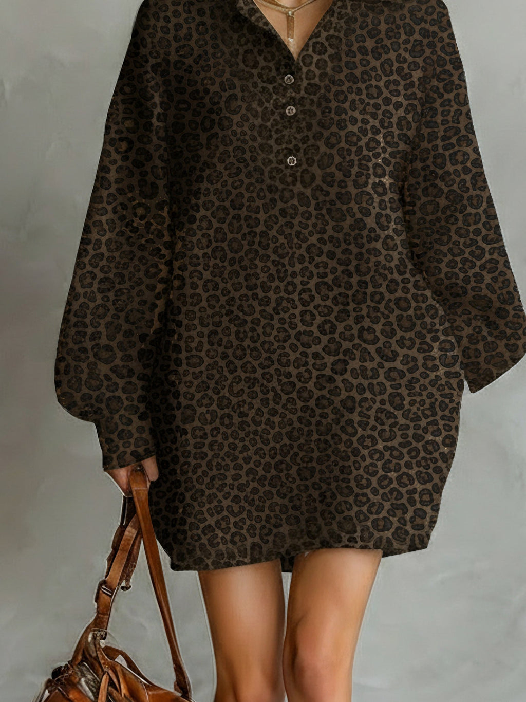 Brown Leopard Print Open-Neck Long-Sleeve Dress