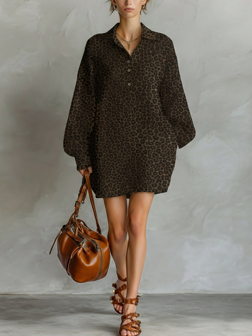 Brown Leopard Print Open-Neck Long-Sleeve Dress