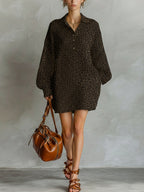 Brown Leopard Print Open-Neck Long-Sleeve Dress