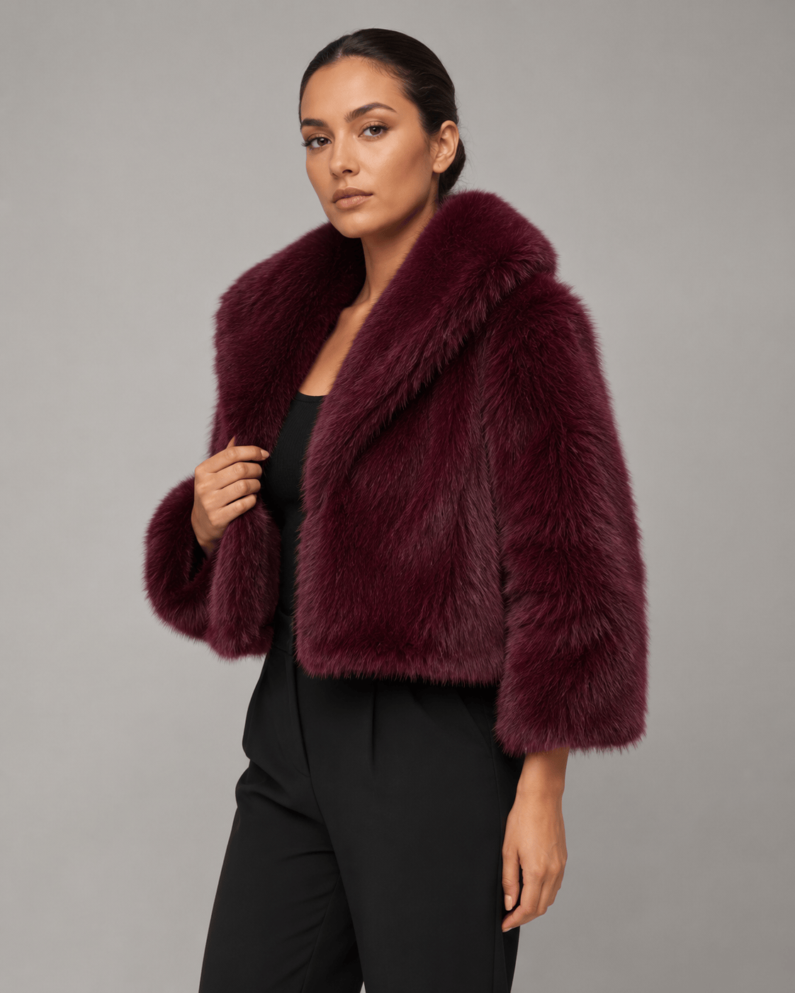 Women's Cropped Faux Fur Jacket | Shawl Collar