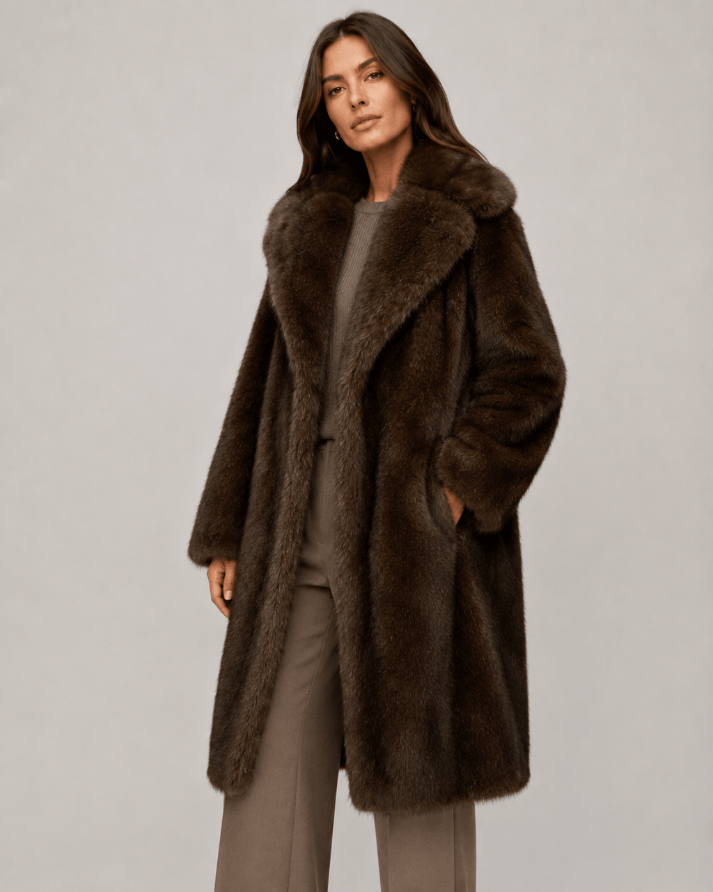 Women's Long Faux Fur Coat | Wide Lapel Collar