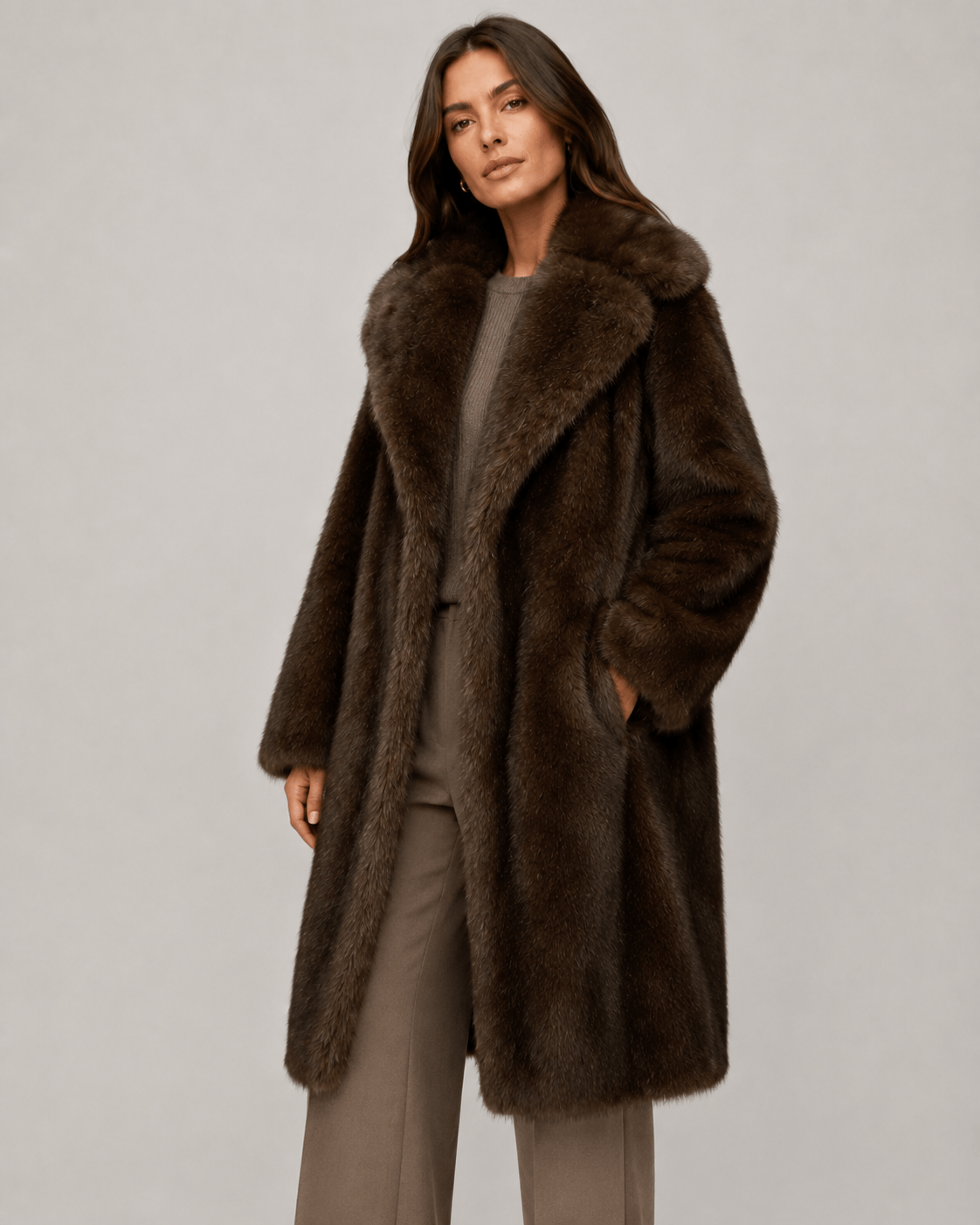 Women's Long Faux Fur Coat | Wide Lapel Collar