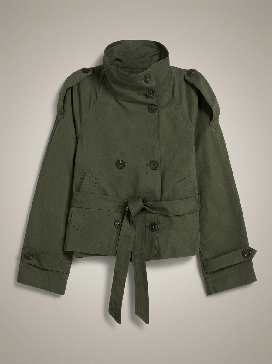 Women's High Collar Button Front Waist Tie Coat | Short