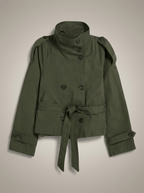 Women's High Collar Button Front Waist Tie Coat | Short