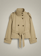 Women's High Collar Button Front Waist Tie Coat | Short