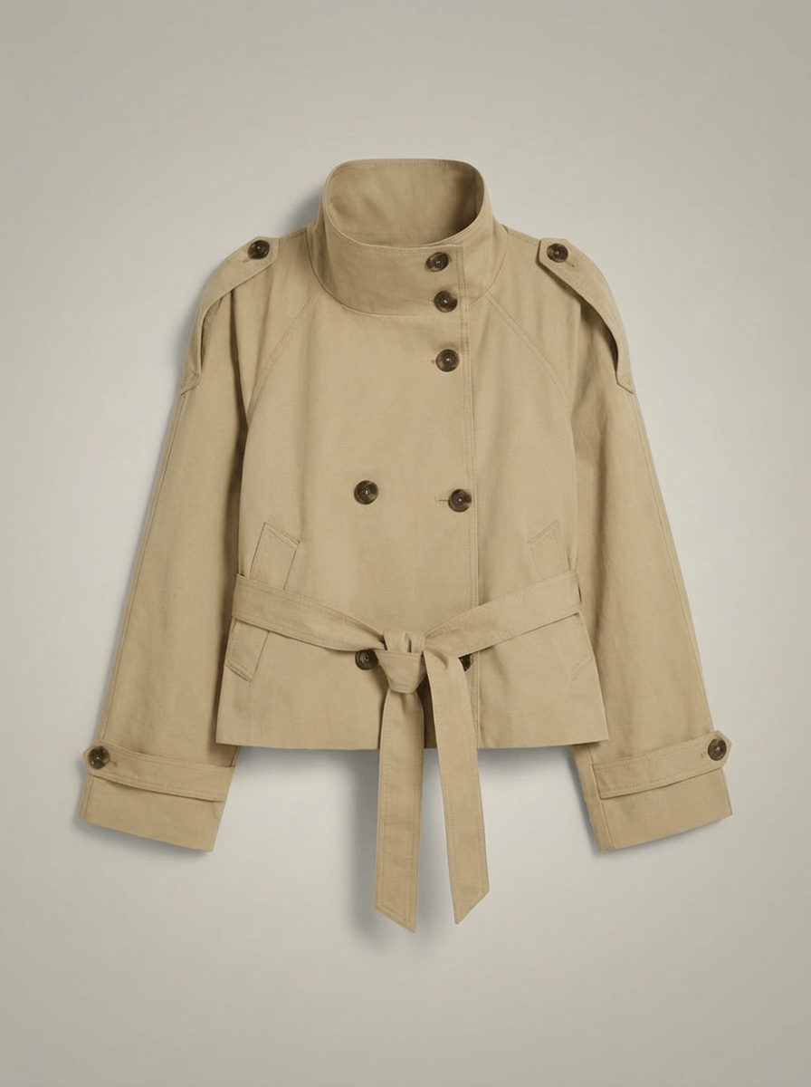 Women's High Collar Button Front Waist Tie Coat | Short