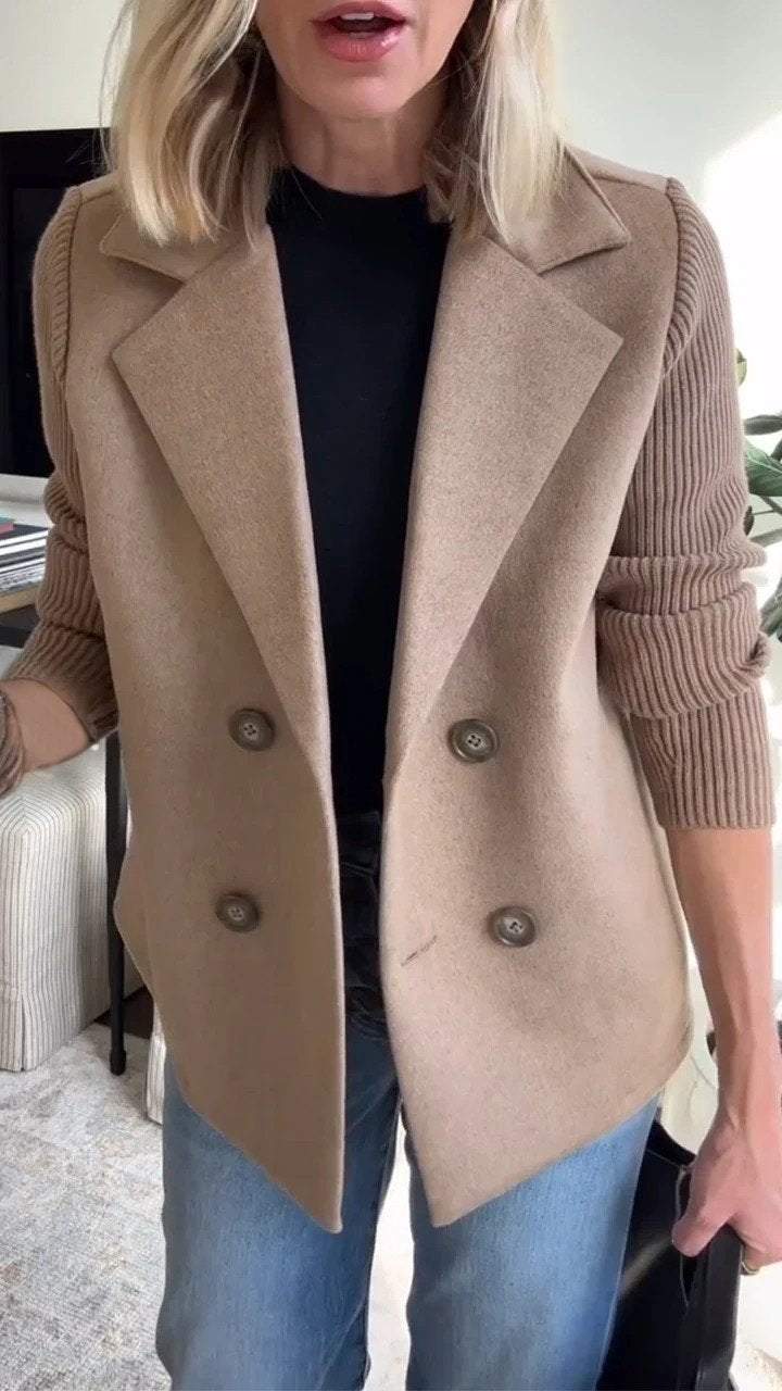 Women's Knitted Sleeve Blazer with Notched Lapel | Double Breasted