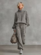 Cable Knit Turtleneck & Cargo Pants Set