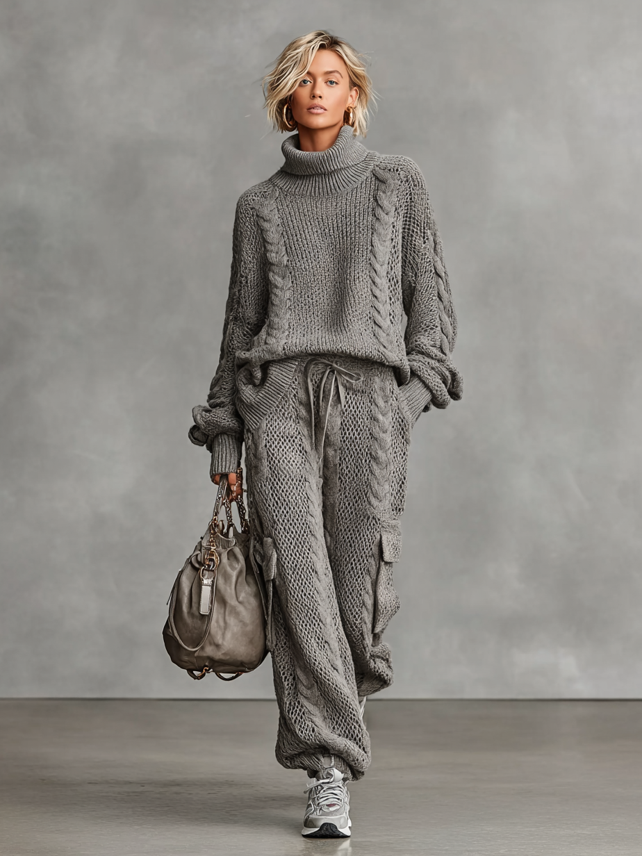 Cable Knit Turtleneck & Cargo Pants Set