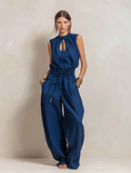 Dark Blue Cotton Linen Round-Neck Sleeveless Jumpsuit