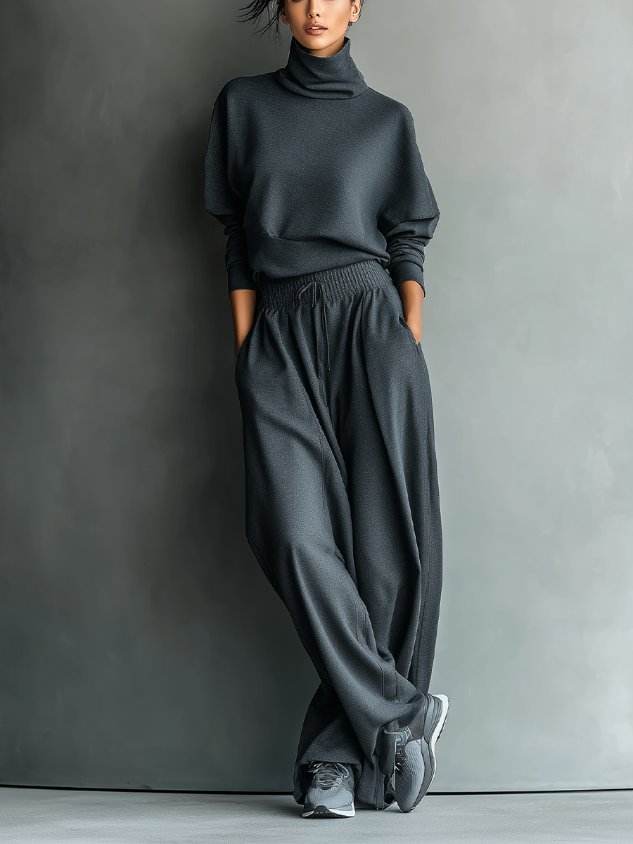 Charcoal Knit Turtleneck & Wide-Leg Pants Set