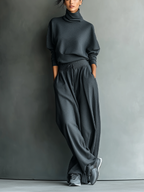 Charcoal Knit Turtleneck & Wide-Leg Pants Set