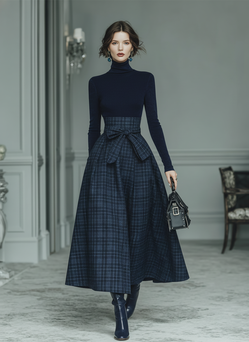 Knit Top & Plaid Tweed Skirt Set