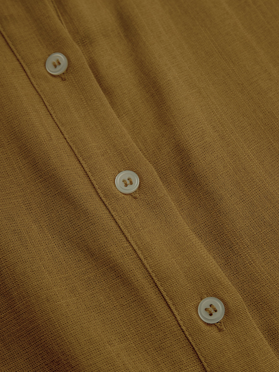 Mustard Linen Button-Front Belted Midi Shirt Dress