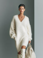 White V-Neck Mini Sweater Dress