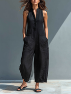 Linen Blend Stand Collar Jumpsuit