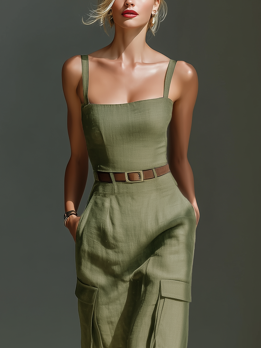 Olive Linen Cargo Belted Midi Dress