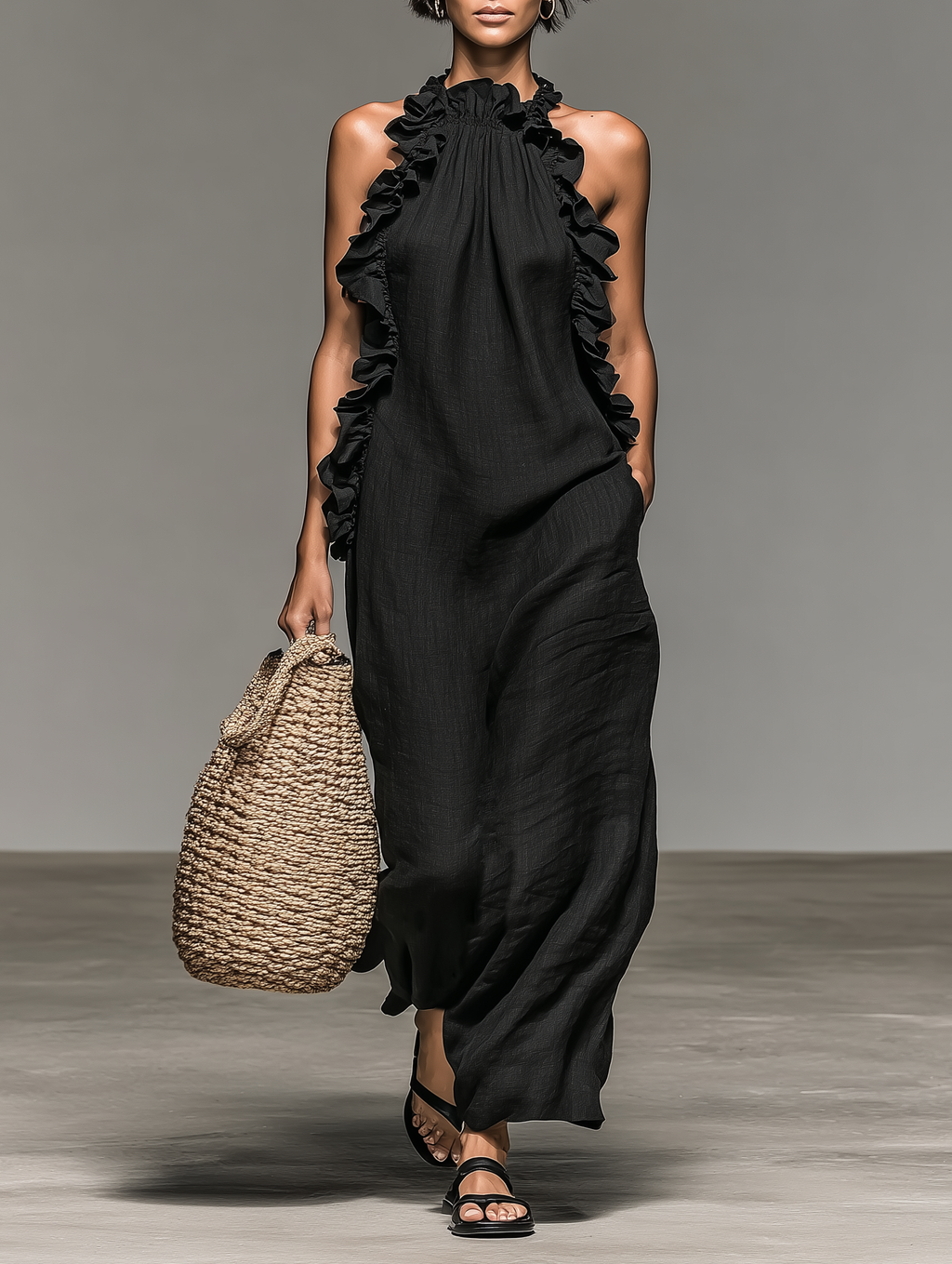 Linen Blend Ruffle Detail Sleeveless Maxi Dress