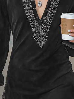 Suede Embroidered Shirt Collar Mini Dress