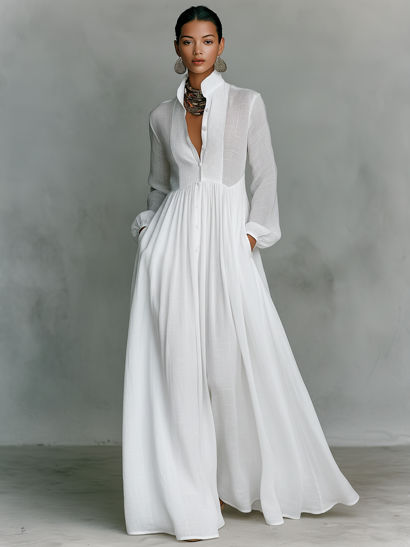 Cotton Linen Stand Collar Maxi Dress