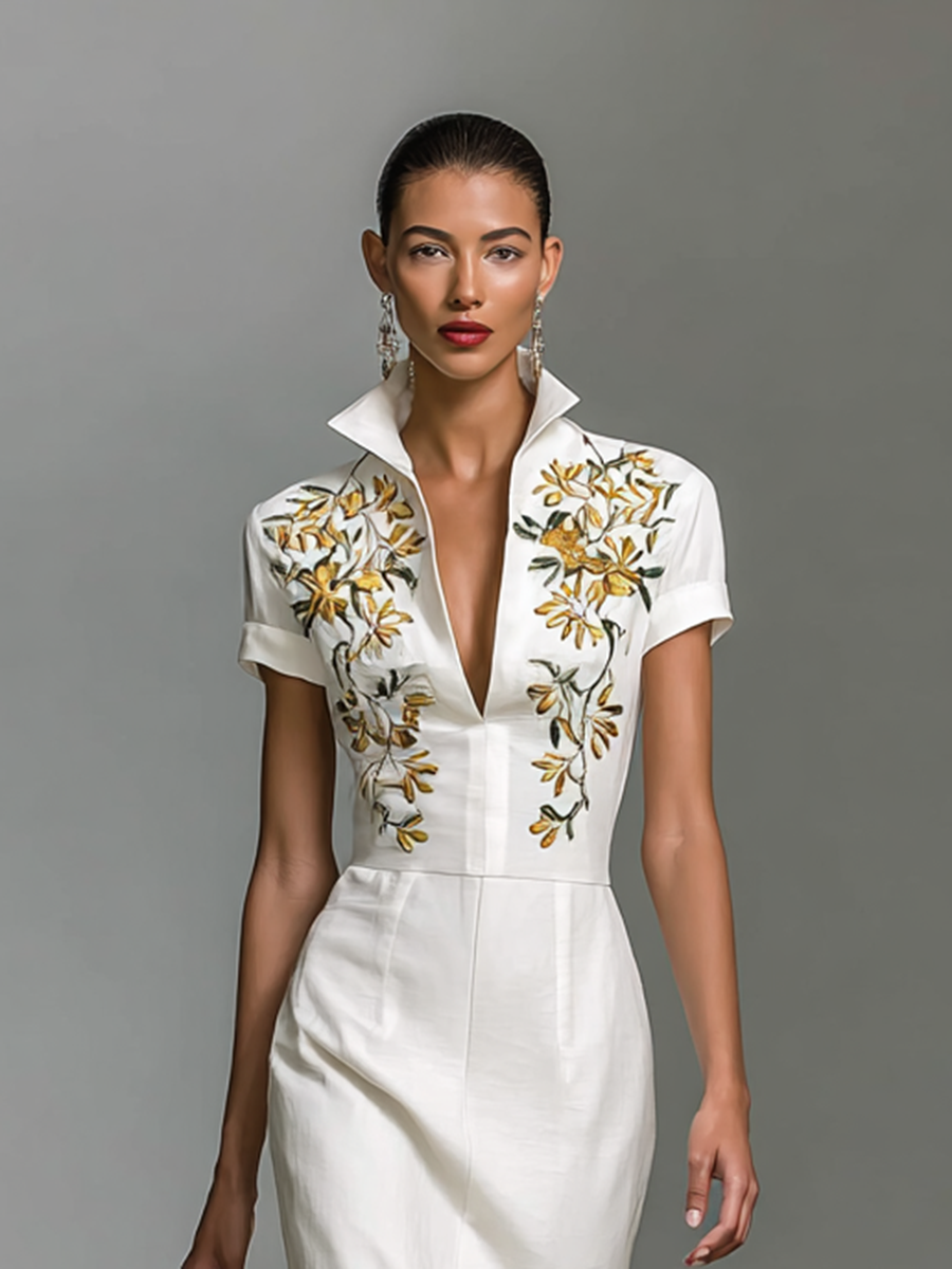 Embroidered V-Neck Short-Sleeve Midi Dress