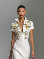 Embroidered V-Neck Short-Sleeve Midi Dress