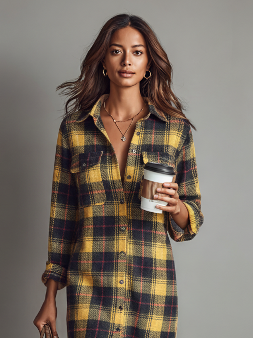 Flannel Plaid Shirt Midi Dress