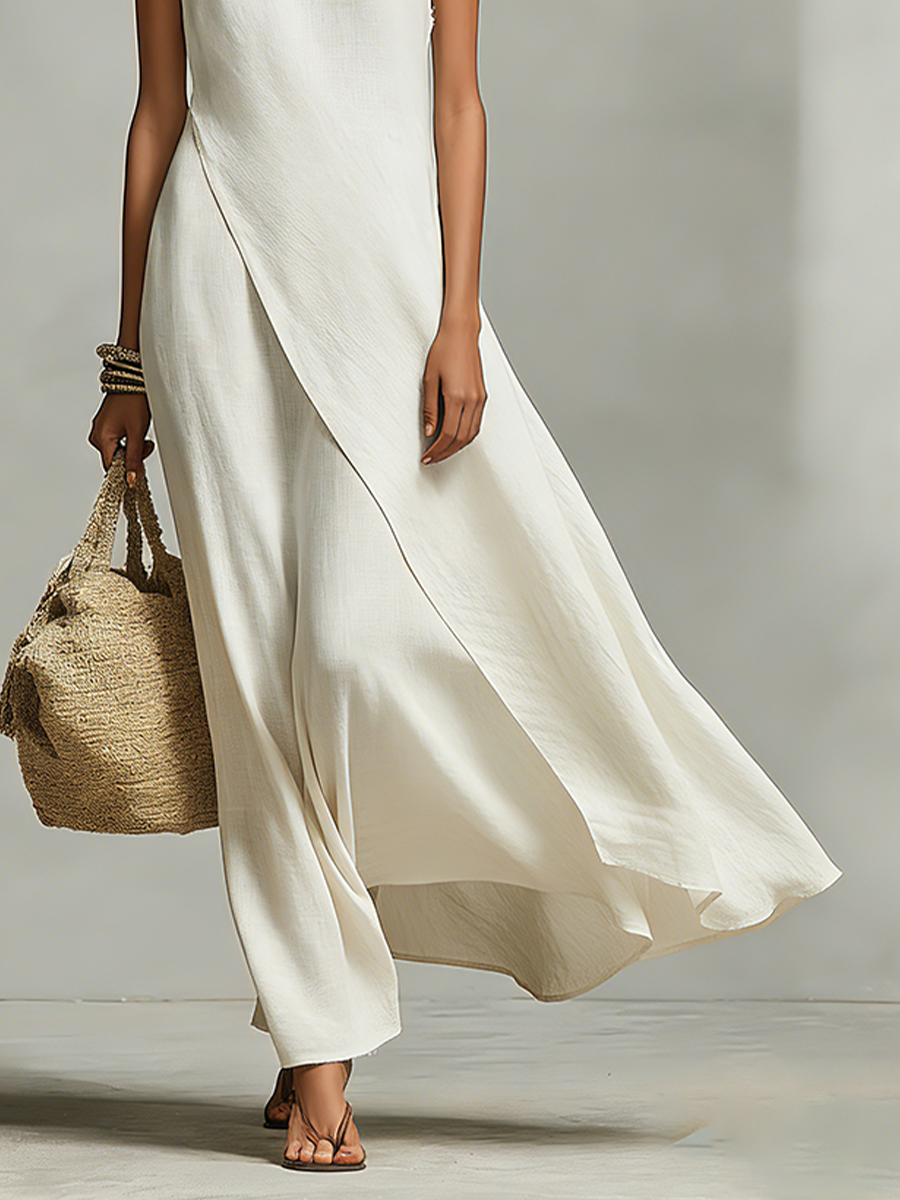 Ivory Linen Asymmetric Hem Dress