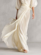 Ivory Sheer Chiffon Puff Sleeve Wrap Dress