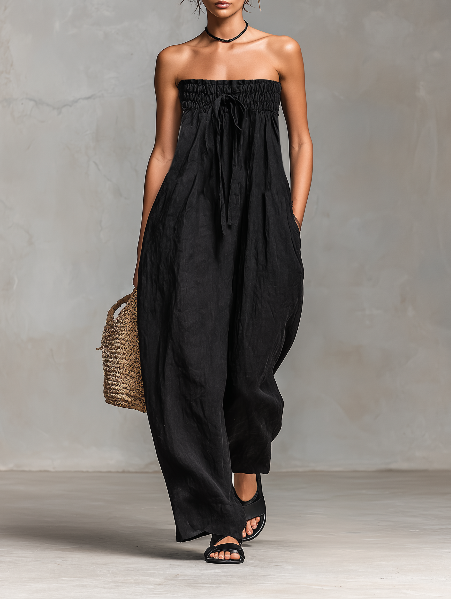 Linen Strapless Tie-Waist Jumpsuit