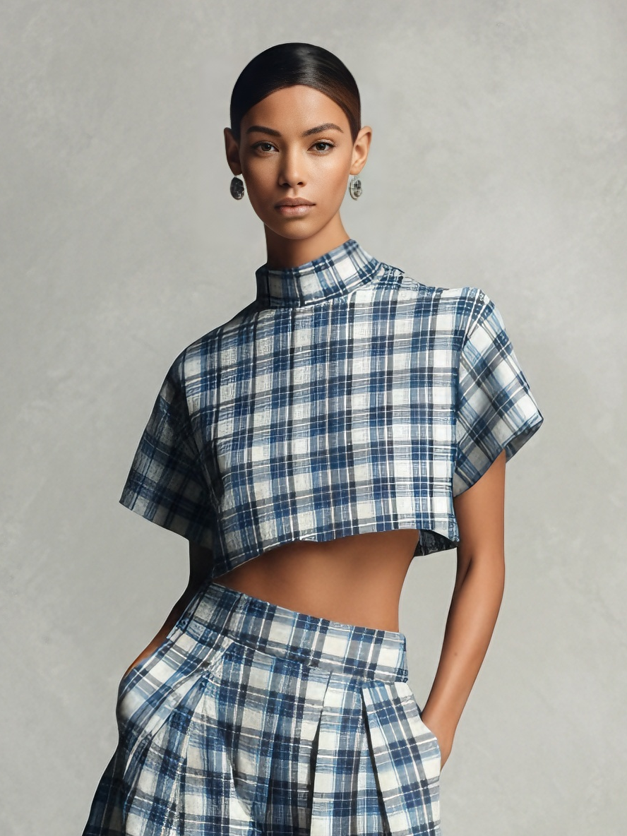 Plaid Turtleneck Crop Top & Wide-Leg Set