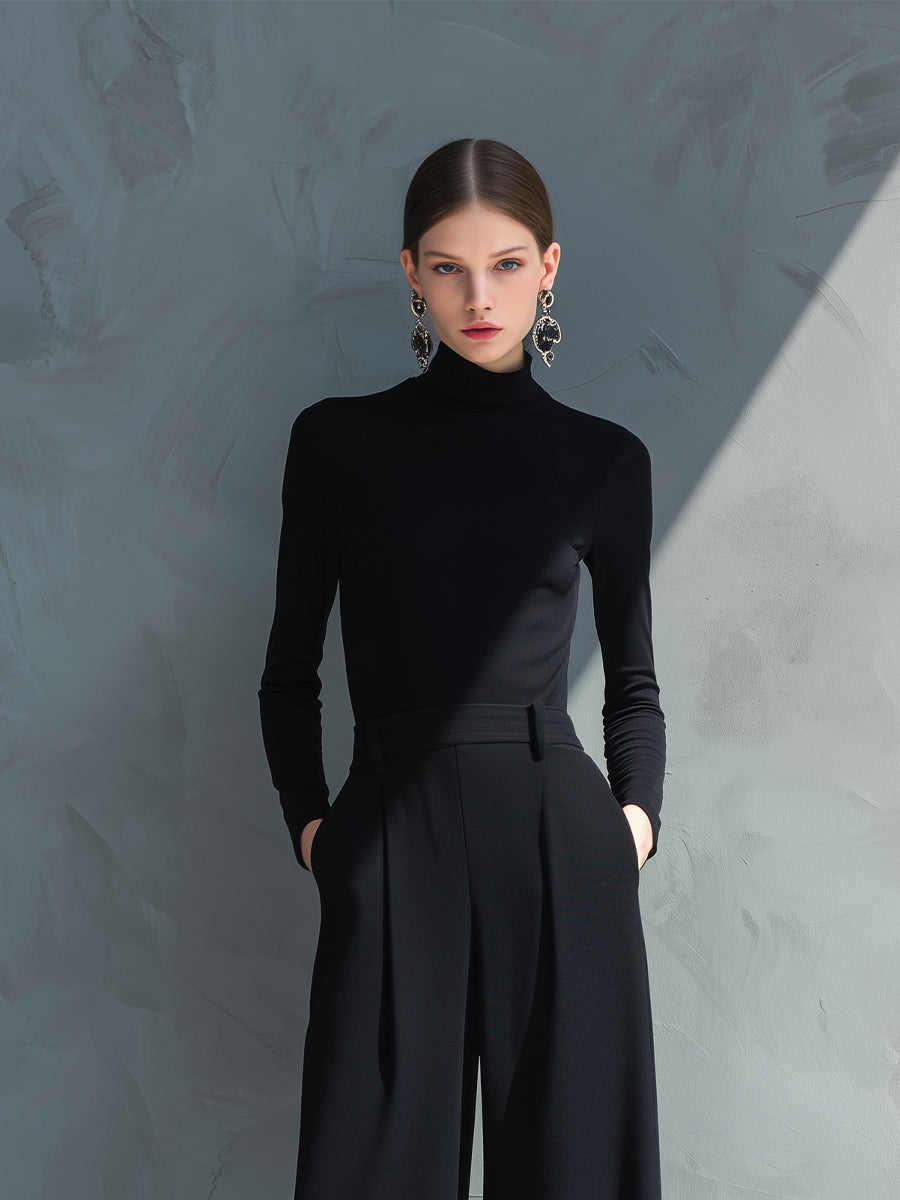 Black Knit Turtleneck Wide-Leg Jumpsuit