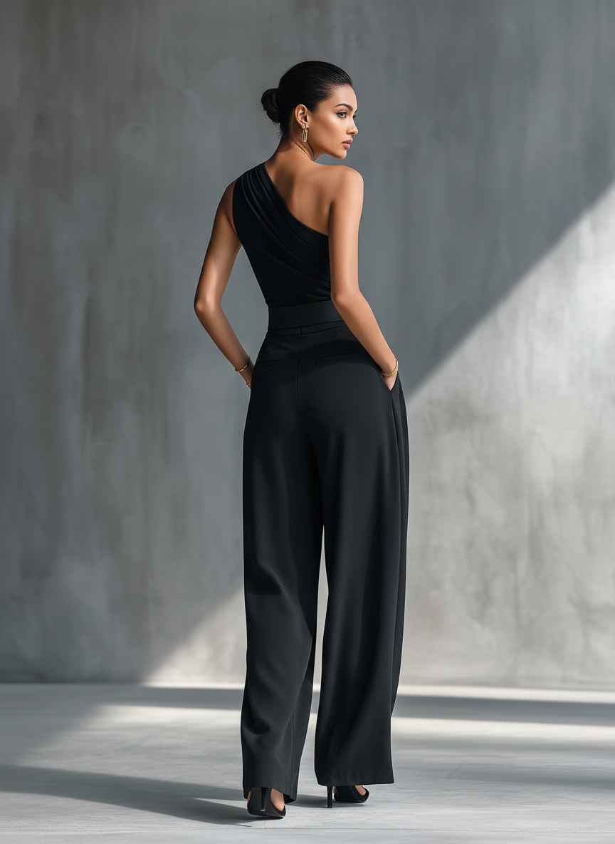 Black Draped Wide-Leg Trousers
