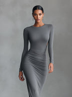 Women's Grey Elegant Stretch - Polyester-Cotton Blend Ruched Open - Back Maxi Dress MDA2860H8I