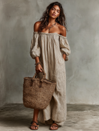 Off-Shoulder Cotton Linen Maxi Dress