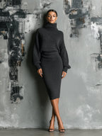 Charcoal Knit Turtleneck Oversized Midi Dress
