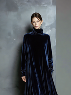 Women's Elegant Navy Blue Velvet High-neck Long-sleeved Loose-fitting Maxi Dress MDZ1680A8AN
