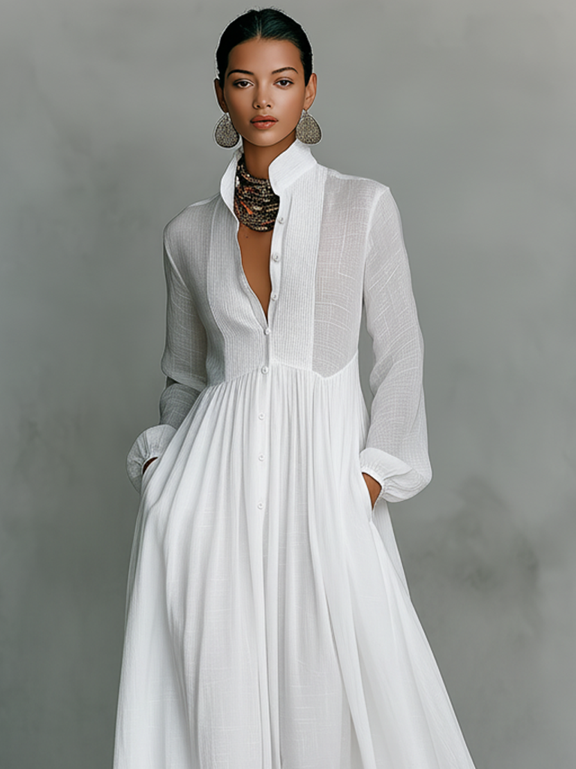 Cotton Linen Stand Collar Maxi Dress