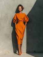 Orange Mid-Sleeve Top & Midi Skirt Set