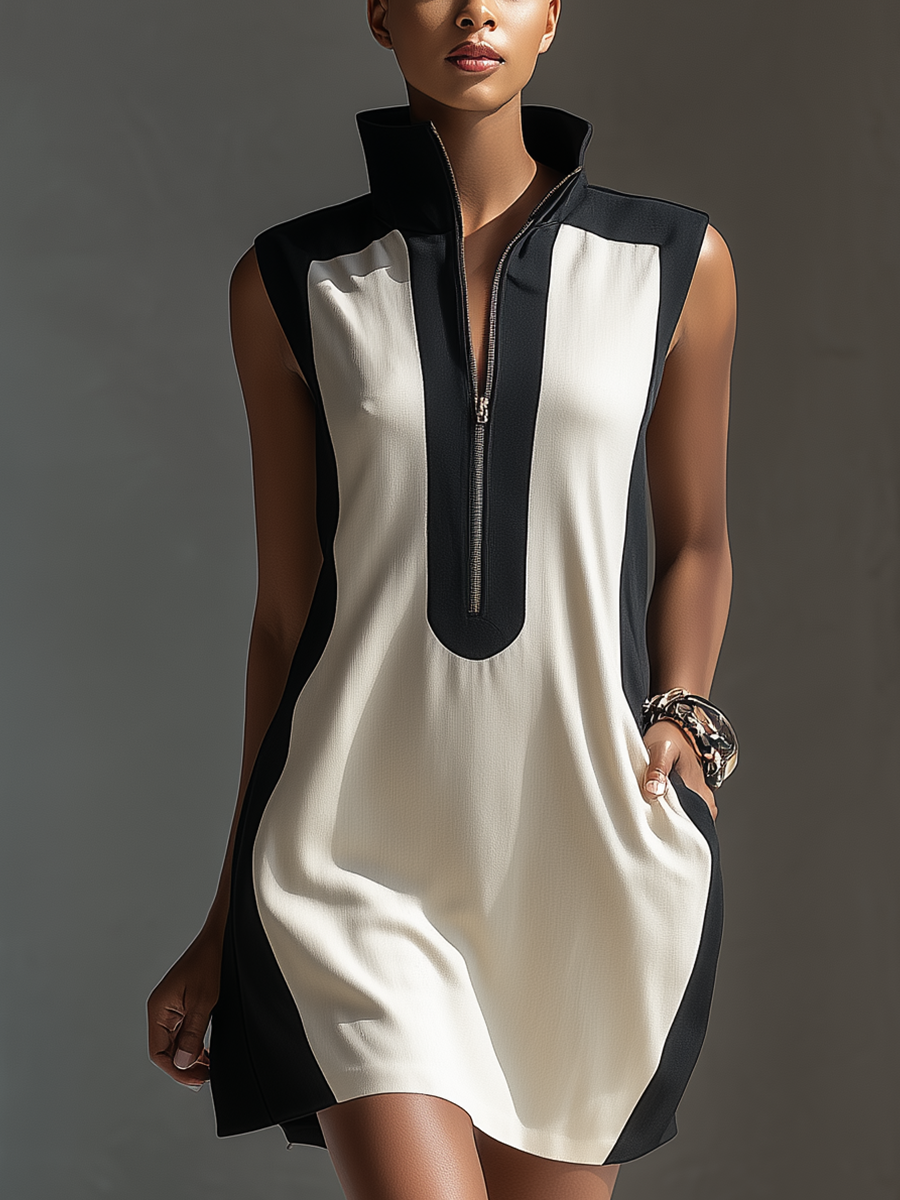 Black & White Color-Block Stand Collar Half-Zip Mini Dress