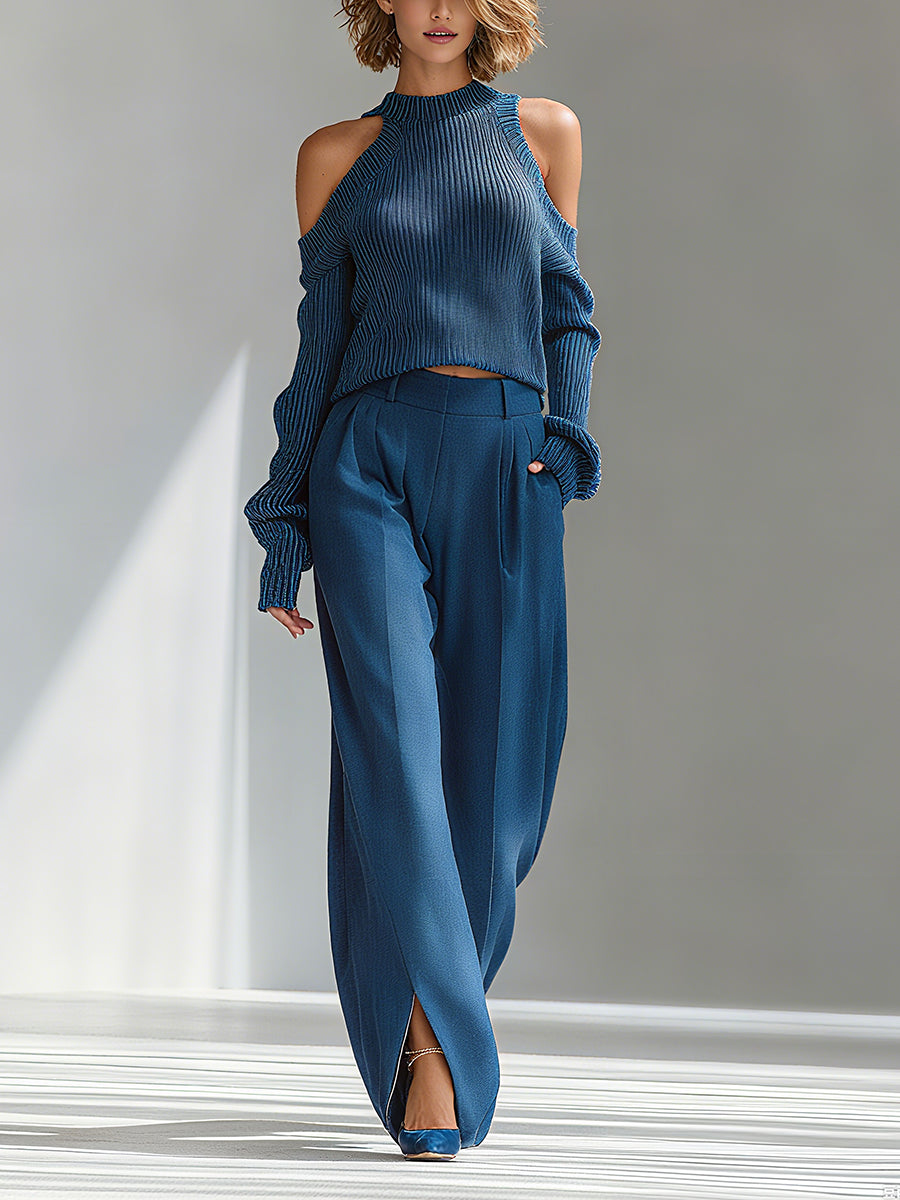 Ribbed Cold-Shoulder Knit Sweater & Wide-Leg Set